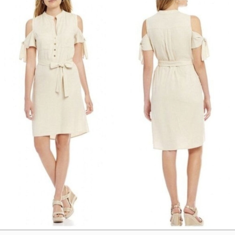 ANTONIO MELANI Cold Shoulder Twill Shirt Dress Size 4 Light Tan